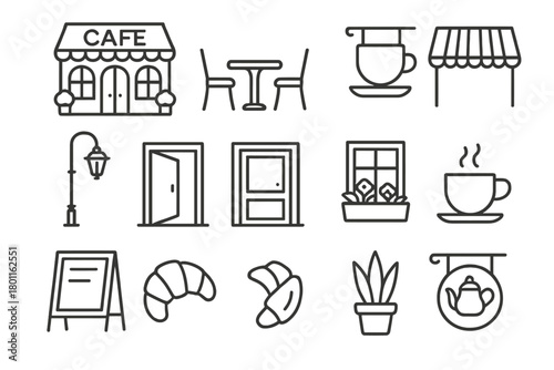 European Cafe Icon Set. European Coffee Shops. Line outline icon set of cozy cafe exteriors: parisian café,