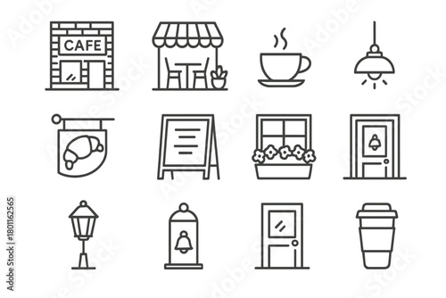 Rustic Café Icons. Rustic Coffee Shops. Line outline icon set of cozy exterior cafés: brick café with sign,