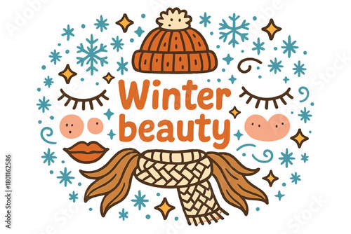 Winter Beauty Illustration. Winter beauty. Hand-drawn doodle illustration of winter beauty. Wool hat,