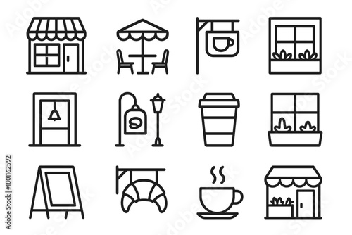 Cozy Cafe Icon Set. Cozy Coffee Shop. Line outline icon set of small café exteriors: coffee shop with awning,