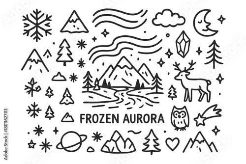 Frozen Aurora Doodle. Frozen Aurora. Hand-drawn doodle illustration of icy landscape under magical lights. In
