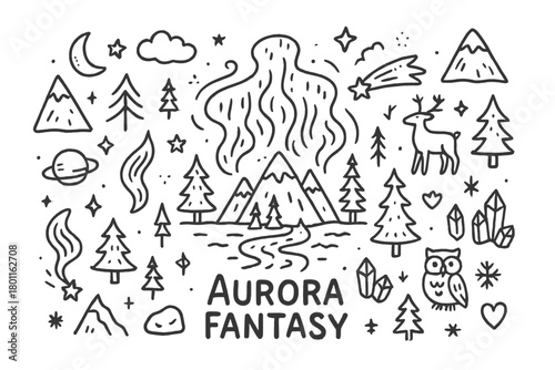 Aurora Fantasy Landscape. Aurora Fantasy. Hand-drawn doodle illustration of northern lights fantasy landscape.