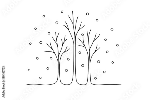Winter Whisper Drawing. Winter Whisper. Minimalistic one-line drawing slow snowfall around trees, continuous