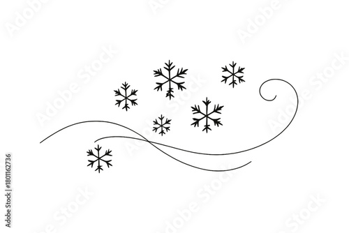 Winter Drift Elegance. Winter Drift. Minimalistic one-line drawing flakes swirling slowly through cold breeze,