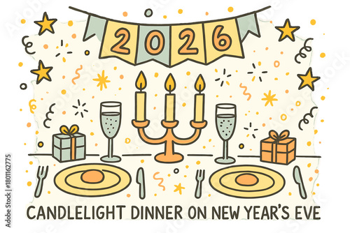 New Year Candlelight Dinner. "Candlelight dinner on New Year’s Eve". Large child-like hand-drawn doodle