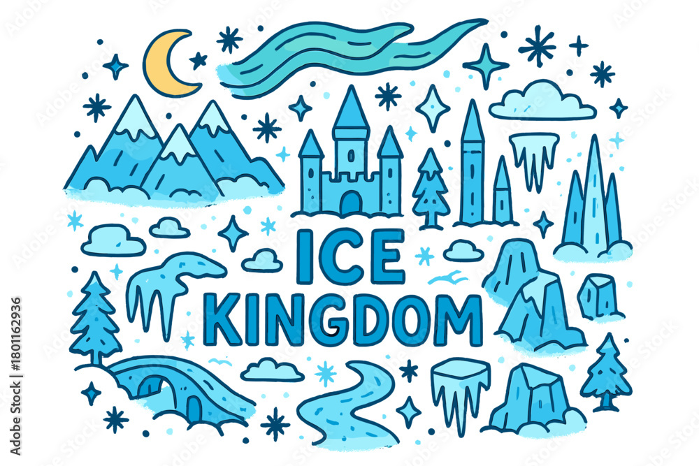 Fototapeta premium Enchanted Ice Kingdom. Ice kingdom. Hand-drawn doodle illustration of ice kingdom. Ice castle, snowy mountains