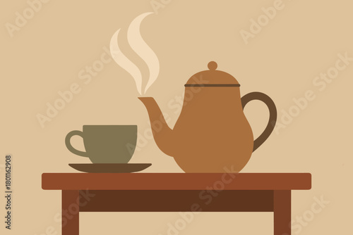 Ceramic Tea Set Artistry. minimalist flat illustration of a ceramic tea set on a wooden table, steam rising in