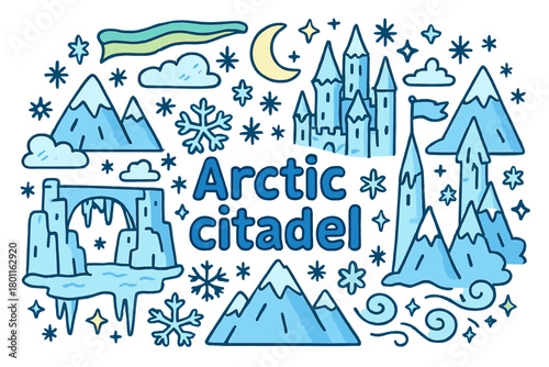 Arctic Citadel Illustration. Arctic citadel. Hand-drawn doodle illustration of arctic citadel. Ice castle,