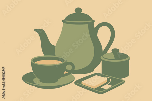 Vintage Tea Set Illustration. minimalist flat illustration of a tea set arranged neatly with gentle steam