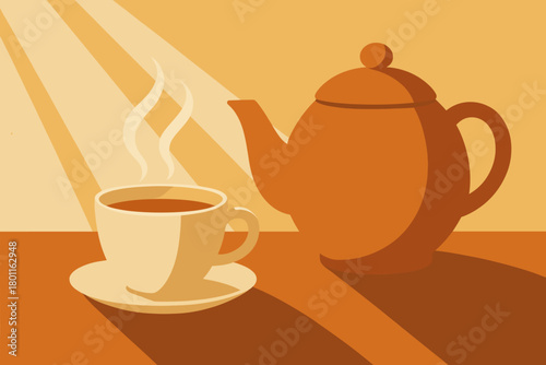 Vintage Tea Serenity. minimalist flat illustration of a steaming cup of tea beside a teapot, sunlight