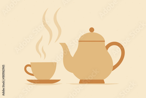 Retro Tea Set Minimalism. minimalist flat illustration of a tea set with rising steam forming subtle curved