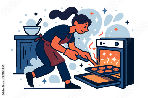 Cookie Baking Enchantment. Baking in progress. Oven door open with cookies baking inside, soft orange light