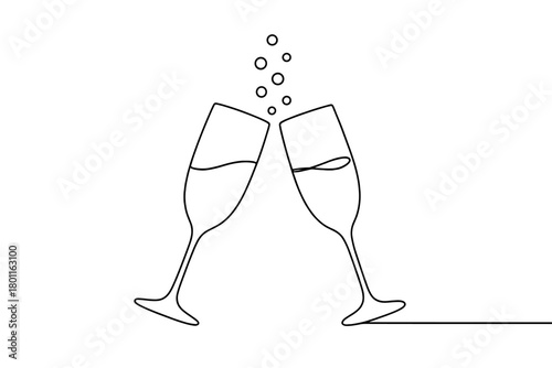 Minimalistic Champagne Celebration. Celebration of Growth. Minimalistic one-line drawing two champagne flutes