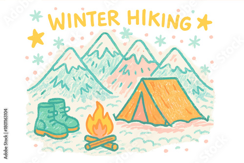 Winter Mountain Adventure. "Winter hiking in the mountains". Whimsical doodle of cozy tent among snowy peaks