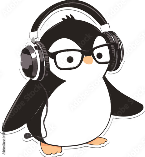 Cool Penguin Tunes: An adorable penguin, sporting stylish glasses and headphones, immersed in music.  It's a whimsical blend of coolness and musicality.