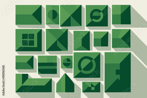 Geometric Rooftop Cityscape. Rooftops aerial. geometric sans heavy, flat fills, long angled shadows,