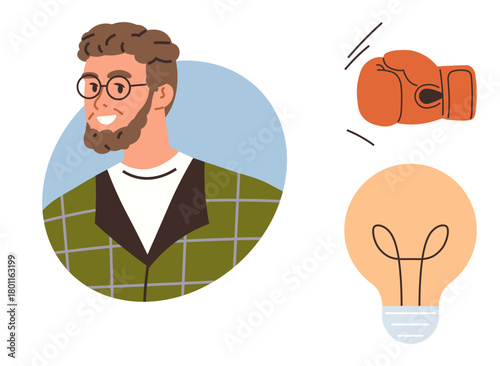 Bearded man smiling, orange boxing glove, and flat lightbulb graphic. Ideal for concepts thumbs up motivation, innovation, ideas, creativity, determination personal growth and achievement. Simple
