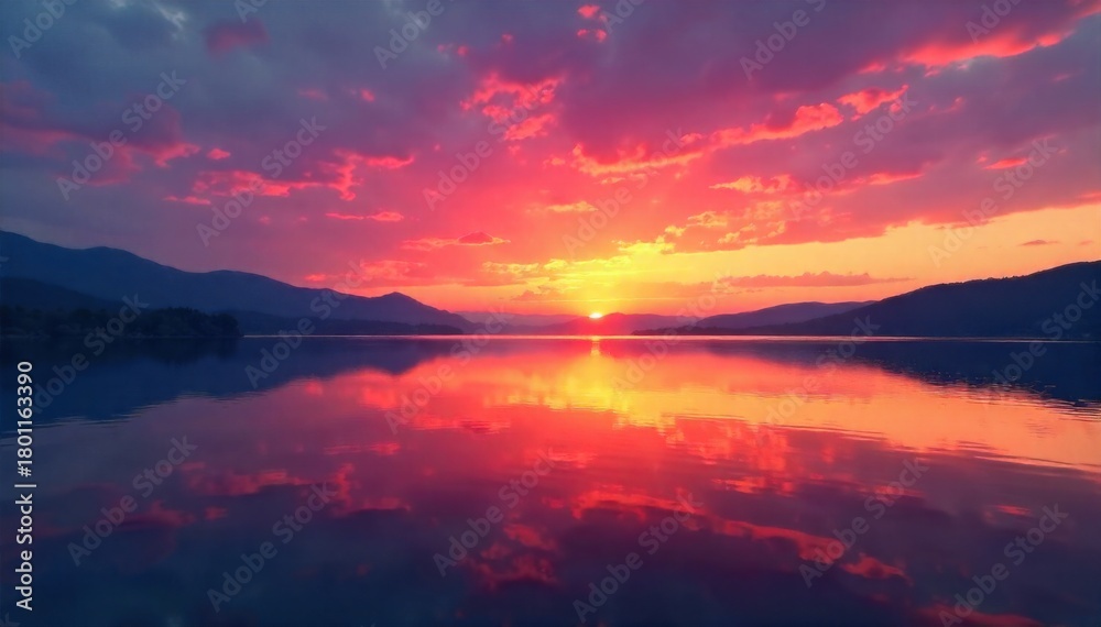 Obraz premium A tranquil lake reflecting a vibrant, colorful sunset over a distant, silhouetted forest edge. A perfectly calm lake reflecting a vibrant and colorful sunset. The sky is a dramatic mix of oranges,