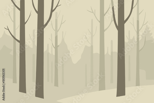 Foggy Winter Forest. minimalist flat illustration of a winter forest shrouded in soft fog, tall trees fading