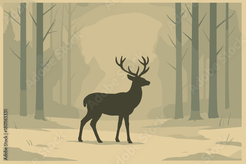 Deer in Foggy Forest. minimalist flat illustration of a deer standing in a foggy forest clearing, snow on the