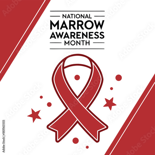 National Marrow Awareness Month graphic with a red ribbon and decorative elements on a white background.