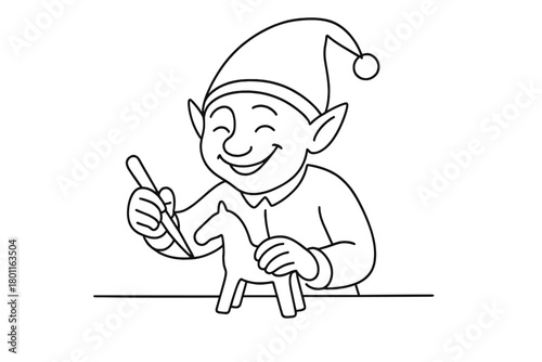 Elf Carving Toy. Joyful Craftsman. Minimalistic one-line drawing elf carving wooden toy horse, continuous