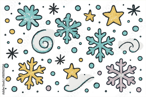 Magical Glitter Snowflakes. "Glitter background with snow effect". Large child-like hand-drawn doodle