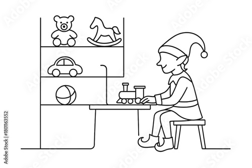 Minimalist Elf Workshop. North Pole Workshop. Minimalistic one-line drawing elf working beside toy shelves,