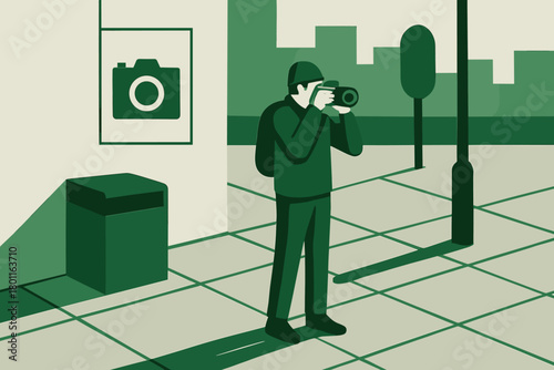 Geometric Urban Snapshot. Street photography. geometric sans heavy, flat fills, long angled shadows,