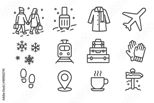 Winter Travel Icons. Snowy Journey. Line outline icon set of winter travel couple scenes: couple walking in