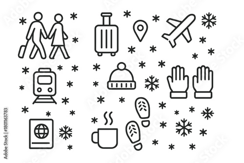 Winter Travel Icons. Travel Icons in Snow. Line outline icon set of winter tourism and couple journey: walking