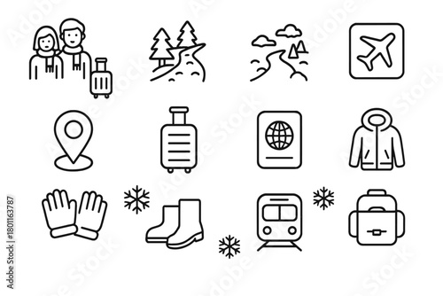 Winter Travel Icons. Holiday Travelers. Line outline icon set of couple traveling during winter: man and woman