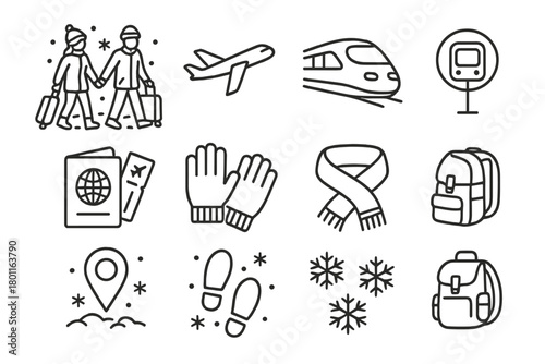 Winter Travel Icons. Winter Getaway. Line outline icon set of couple traveling with suitcases in snow: couple
