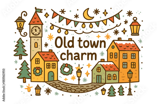 Old Town Illustration. Old town charm. Hand-drawn doodle illustration of old town charm. Clock tower, rooftops