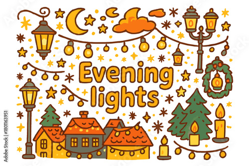 Evening Light Doodle. Evening lights. Hand-drawn doodle illustration of evening lights. Lanterns, street lamps