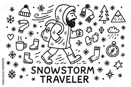 Snowstorm Doodle Traveler. Snowstorm Traveler. Hand-drawn doodle illustration of a bearded man walking through