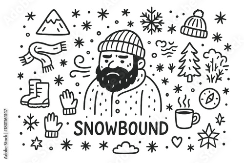 Snowbound Doodle Scene. Snowbound. Hand-drawn doodle illustration of bearded man caught in a blizzard. In the