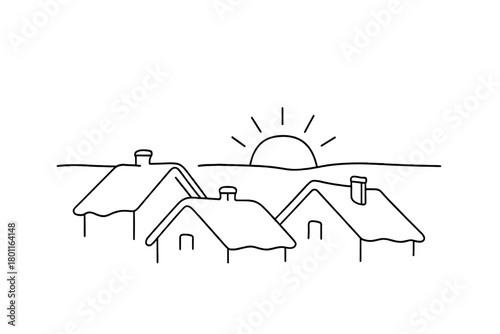 Minimal Sunrise Silhouette. New Light. Minimalistic one-line drawing faint sunrise over snowy rooftops,