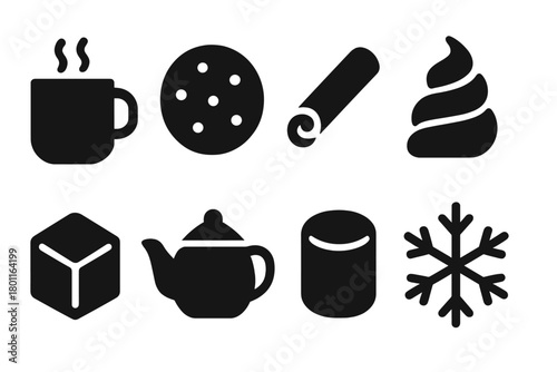 Warm Treats Icons. Warm Treats. Filled icon set of Warm Treats: hot drink mug, cookie, cinnamon stick, cream