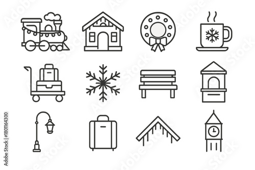 Festive Train Icons. Holiday Train Station. Line outline icon set of festive winter railway: train with lights