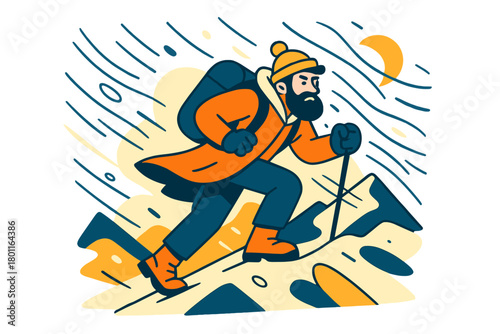Hiker in Blizzard. Mountain blizzard. A hiker with a heavy beard climbs uphill through icy wind, coat flapping