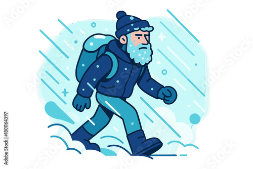 Snowy Journey. Frozen wanderer. Bearded man walking through thick snow with his backpack, visibility fading