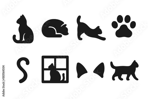 Cat Silhouette Icons. Cat Silhouettes. Filled icon set of Cat Silhouettes: sitting cat, curled cat, stretching
