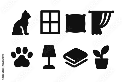 Indoor Cat Icons. Indoor Cat. Filled icon set of Indoor Cat: sitting cat, window frame, cushion, curtain, paw