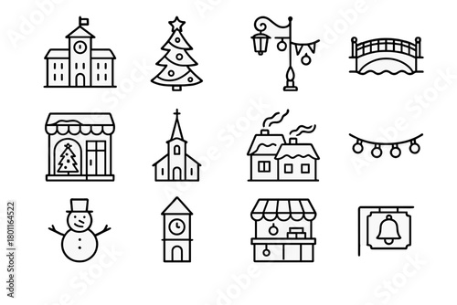 Holiday Icon Set. Holiday Old Town. Line outline icon set of winter decorated streets: town hall, christmas