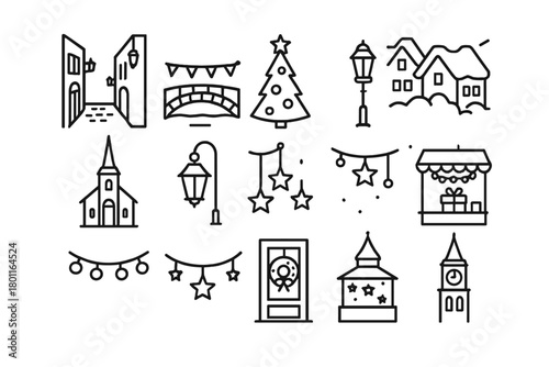 Historic Town Festivities. Historic Town Lights. Line outline icon set of festive old street icons: narrow