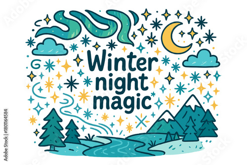 Wallpaper Mural Winter Wonderland Illustration. Winter night magic. Hand-drawn doodle illustration of winter night magic. Torontodigital.ca
