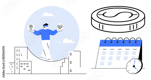Person balancing light bulb and handshake atop cityscape, large coin, calendar, and clock nearby. Ideal for balance, efficiency, time management, finance, decision-making teamwork innovation