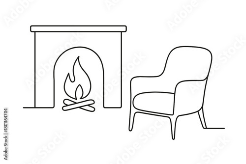 Cozy Fireside Outline. Fireside Glow. Minimalistic one-line drawing glowing hearth and cozy chair beside it,