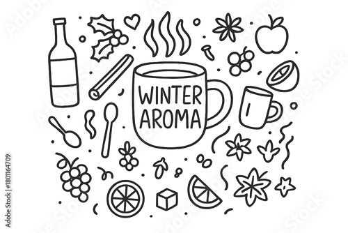 Winter Aroma Doodles. Winter Aroma. Hand-drawn doodle illustration of steaming mulled wine surrounded by